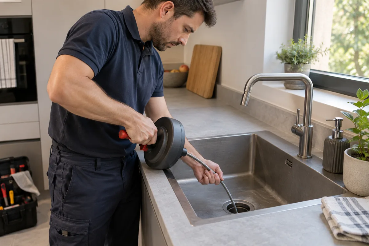 Technicien utilisant un furet manuel pour inspecter une évacuation de cuisine.