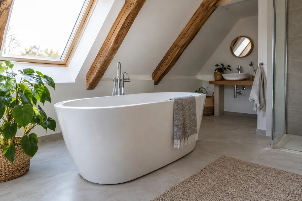 Baignoire et lavabo dans une salle de bains sous combles.